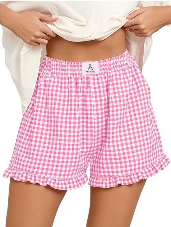 anrabess Pants - ANRABESS Women’s Boxer Shorts Pink Gingham Plaid Elastic Waist and Ruffles Small